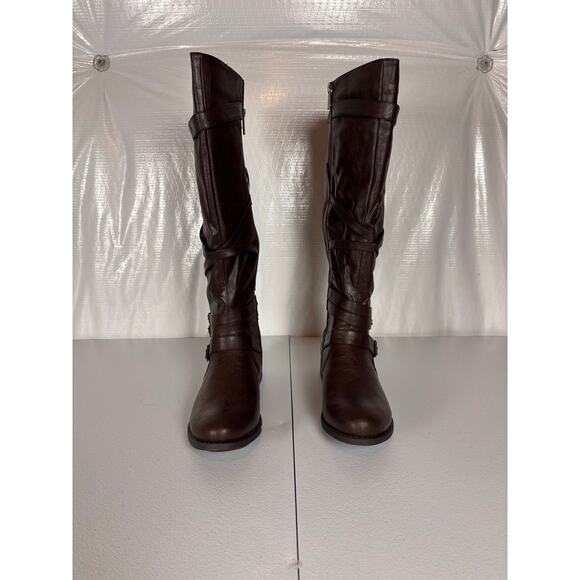 Avenue Pompton Brown Tall Riding Boots 10W Wide Calf Buckle Faux Leather - Picture 1 of 11